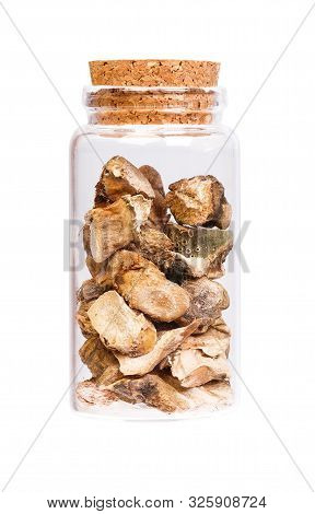 Acorus Calamus In A Bottle With Cork Stopper For Medical Use Isolated.