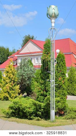 Street Lamp In The Original Style In Stolin At Sunny Summer Day, Belarus.