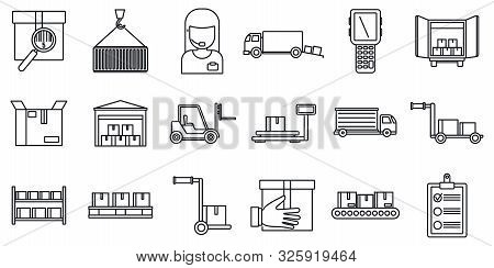 Warehouse Building Icons Set. Outline Set Of Warehouse Building Vector Icons For Web Design Isolated