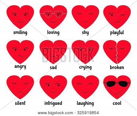 Emotional Heart Vector. Set Of Cute Heart Doodle With Different Kinds Of Emotions: Smiling, Loving, 