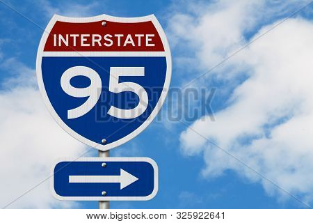 I-95 Interstate Usa Red And Blue Highway Road Sign With Sky Background 3d Illustration
