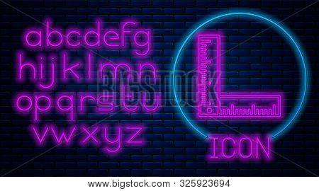 Glowing Neon Folding Ruler Icon Isolated On Brick Wall Background. Neon Light Alphabet. Vector Illus