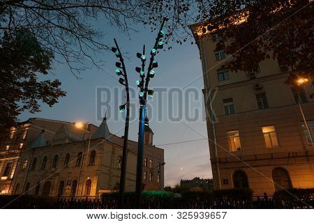 Moscow / Russia - October 03 2019: Boulevard Ring. Chistoprudny Boulevard. Amazing Beautiful Night I