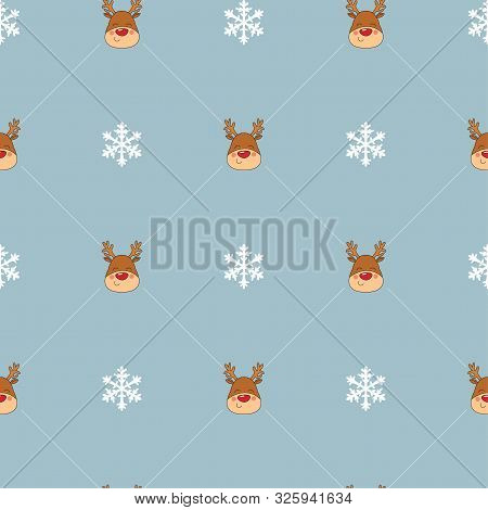 Seamless Christmas Pattern With Rednosed Reindeer On A Background Snowfall And Shooting Stars. Perfe