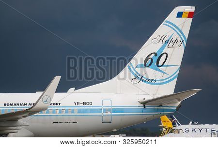 Bucharest, Romania - July 15, 2019: The Anniversary Painted Tail Of Tarom, Yr-bgg, Boeing 737-700, M