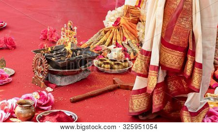 Indian Wedding Ceremony, Decorations For Traditional Ethnic Rituals For Marriage, Fire Burning, Flow