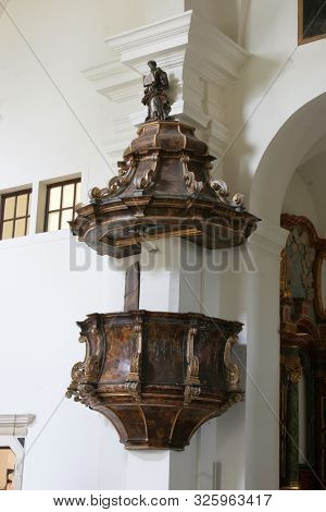 SAMOBOR, CROATIA - MARCH 03, 2018: Pulpit in the Church of the Assumption of the Virgin Mary in Samobor, Croatia