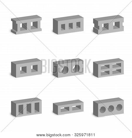 Set Of Different Shapes Cinder Blocks. Elements Of The Design Of Building Materials. 3d Style, Vecto