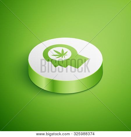 Isometric Silhouette Of Male Head In Profile With Marijuana Or Cannabis Leaf Icon Isolated On Green 