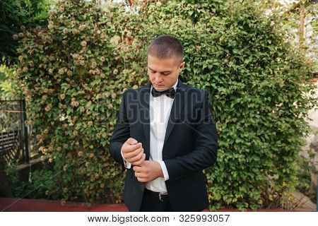 Handsome Groom Dressed His Wedding Blazer. Autumn Weather