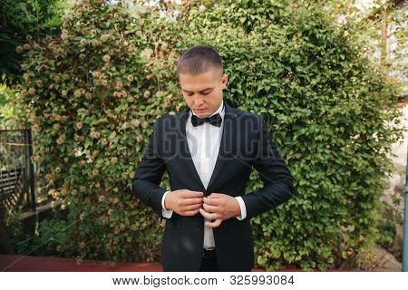 Handsome Groom Dressed His Wedding Blazer. Autumn Weather