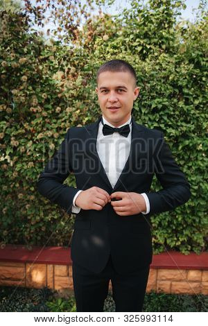 Handsome Groom Dressed His Wedding Blazer. Autumn Weather