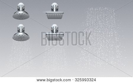 Realistic Shower Heads. Bathroom Rain Metal Shower Contemporary Sprinkler. Vector Illustration Creat