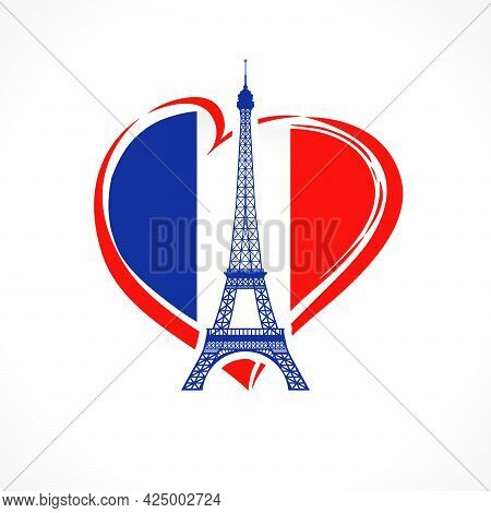 Love France, Flag Emblem With Eiffel Tower. Celebrate Bastille Day, Banner For French Holiday With E