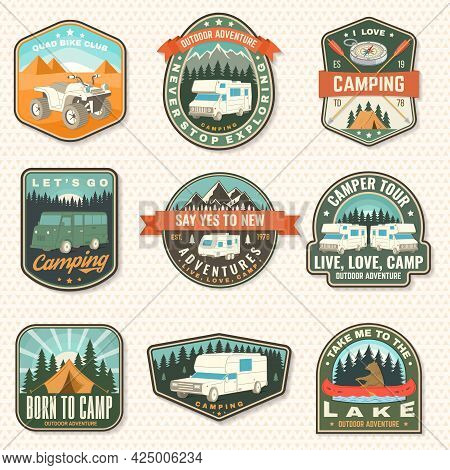 Set Of Camping Badges. Vector Patch Or Sticker. Concept For Shirt Or Logo, Print, Stamp Or Tee. Vint