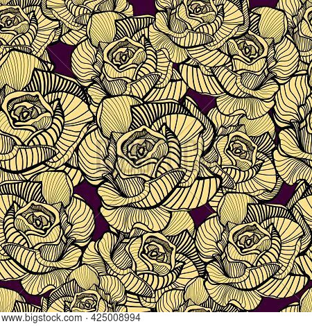 Vintage Floral Seamless Pattern With Hand Drawn, Line Art Roses Yellow Floral Background, Texture. A