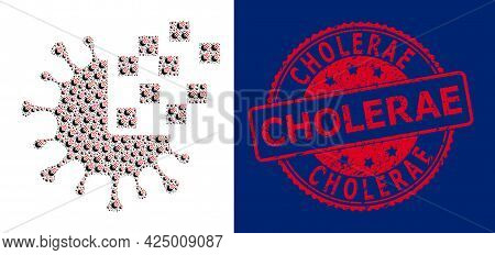 Cholerae Dirty Round Seal Print And Vector Fractal Collage Virus Synthesis. Red Stamp Seal Contains 