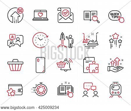 Vector Set Of Technology Icons Related To Launch Project, Bumper Cars And Shop Cart Icons. Smartphon