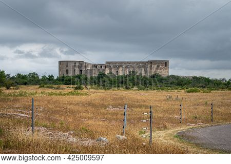 An Old Castle With A Dramatic Sky In The Background. Borgholm Castle Ruins On The Baltic Sea Island 