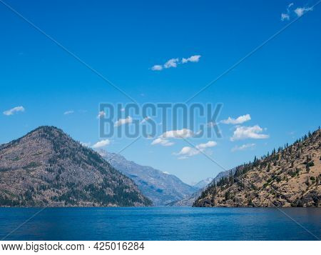 Scenic Landscape Of The Northern End Of Lake Chelan On A Sunny Day - Washington State, Usa