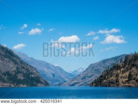 Scenic Landscape Of The Northern End Of Lake Chelan On A Sunny Day - Washington State, Usa
