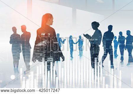 Diverse Working Business People,walking Abstract Office Space. Stock Market Dynamics With Bar Graphs