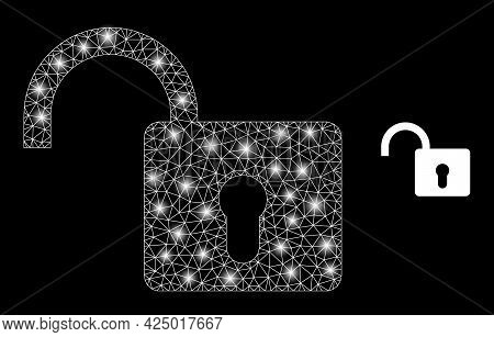 Bright Mesh Vector Open Lock With Glare Effect. White Mesh, Glare Spots On A Black Background With O