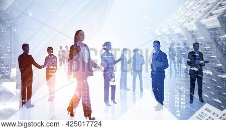 Diverse Working Business People In New York. Skyscrapers And Stock Market Dynamics, Bar Chart, Doubl