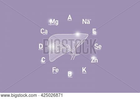 Stylized Clockface With Essential Vitamins And Microelements For Human Health, Hand Drawn Human Gall