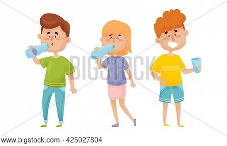 People Character Standing And Drinking Still Mineral Water From Glass And Bottle Vector Illustration