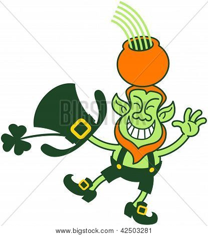 Saint-Patrick Day Leprechaun salutation et jongler avec un Pot d'or