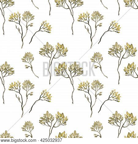 Watercolor Yellow Seeded Branches Seamless Patttern. Floral Botanical Background. Hand-drawn Illustr