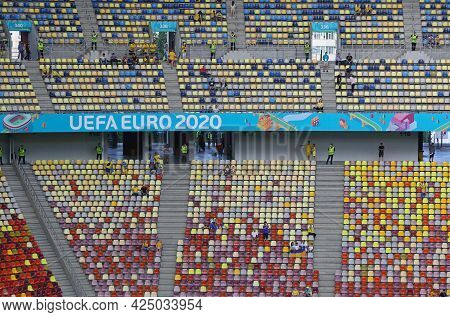 Bucharest, Romania - June 21, 2021: Empty Tribunes Of National Arena Bucharest Stadium Before The Ue