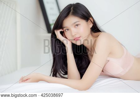 Beautiful Portrait Young Asian Woman Sexy In Underwear Figure Fit Relax With Seductive In Bedroom, A