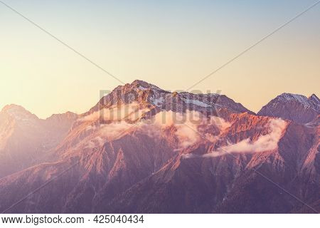 Chugush Mountain View At Autumn Evening Time. Caucasus. Russia.