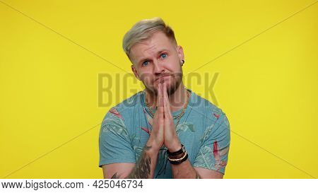 Please, God Help. Trendy Stylish Adult Guy Praying, Looking Upward And Making Wish Asking With Hopef