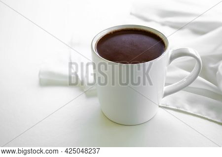Chocolate Milk Cup, Flat Lay Hot Coco On White Background With Copy Space, Healthy Drink For Breakfa