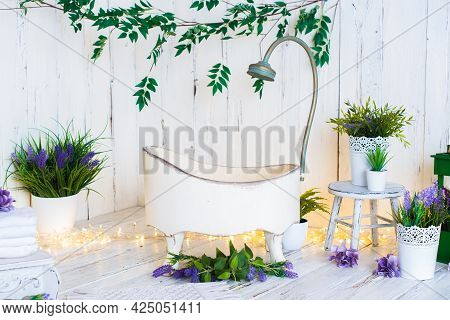 Photo Zone For Shooting A Baby. Bath, Lavender, Towels. For One Year Old Baby Photo Session. Cute Li