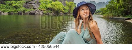 Banner, Long Format Woman Tourist In Trang An Scenic Landscape Complex In Ninh Binh Province, Vietna