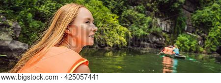 Banner, Long Format Woman Tourist In Trang An Scenic Landscape Complex In Ninh Binh Province, Vietna