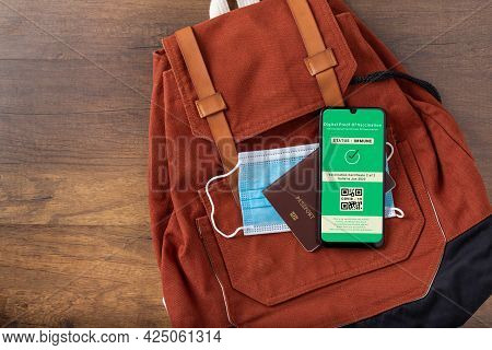 Vaccine Passport, Smartphone Showing Health Passport Of Vaccination Certification, Status Proof Immu
