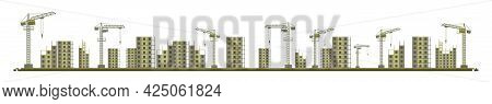 Construction Of A New Microdistrict Of The City. Silhouette. Cranes And Tractors. Modern Technologie