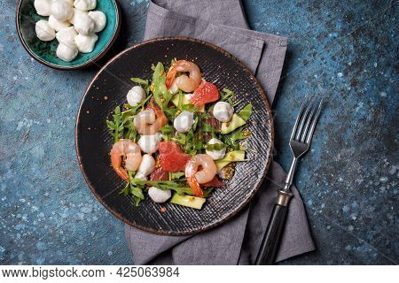Healthy Salad With Fresh Arugula, Mozzarella Cheese, Tasty Shrimps, Grapefruit And Avocado