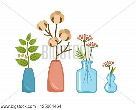 Decorative Vases With Plant Branches. Scandinavian Interior Decor Made Transparent Flowerpots. Minim