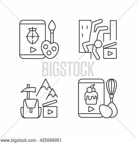 Internet Video Linear Icons Set. Drawing Tutorial. Parkour Footage. Travel Vlog. Online Cooking Clas