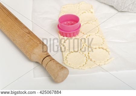 Making Cookies At Home. Dough, Cookie Cutters And Rolling Pin. Process Of Making Homemade Cookies