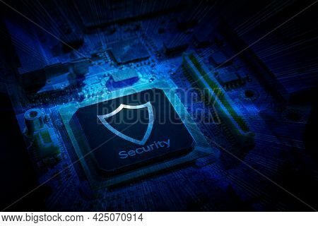 Safety Computer. Network Security Technology With Computer Processor Chip On Digital Motherboard Bac