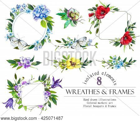 Floral Frameand Wreat Set. Poppy, Orchid, Hydrangea Flowers And Leaves Wreath, Bouquets.