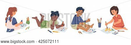 Children Playing And Drawing With Crayons, Isolated Boys And Girls With Pencils In Kindergarten Less