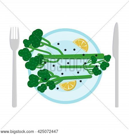 Broccolini On A Plate With Lemon Wedges And Black Pepper Peas On A Plate. A New Dish For Healthy Eat